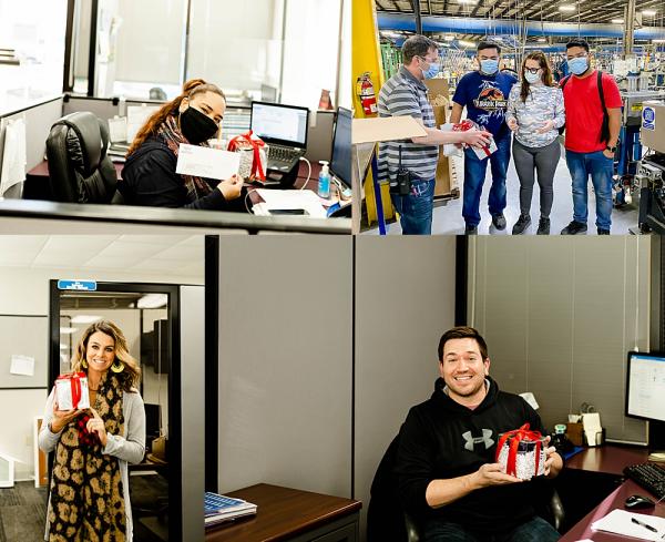 Employees posing with Viwinco coffee mugs.