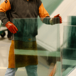 A worker wearing safety gear and gloves handles a large sheet of glass in a manufacturing facility. The worker is focused and dressed in protective clothing to ensure safety during the task.
