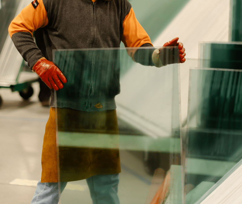 A worker wearing safety gear and gloves handles a large sheet of glass in a manufacturing facility. The worker is focused and dressed in protective clothing to ensure safety during the task.