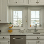 A bright kitchen with white cabinets and a marble countertop features two windows above the sink, offering a view of houses and trees outside. The countertop is decorated with a yellow basket stand and small decorative items.