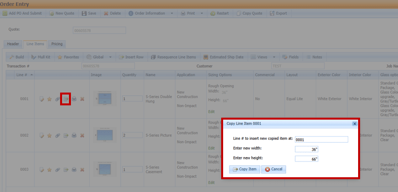 copy Screenshot of the "Order Entry" interface with the "Copy Line Item" feature activated. A pop-up window shows fields for selecting the line number location, width, and height of the new item. The copy icon is highlighted on the original line item, and the “Copy Item” button is visible in the dialog box.